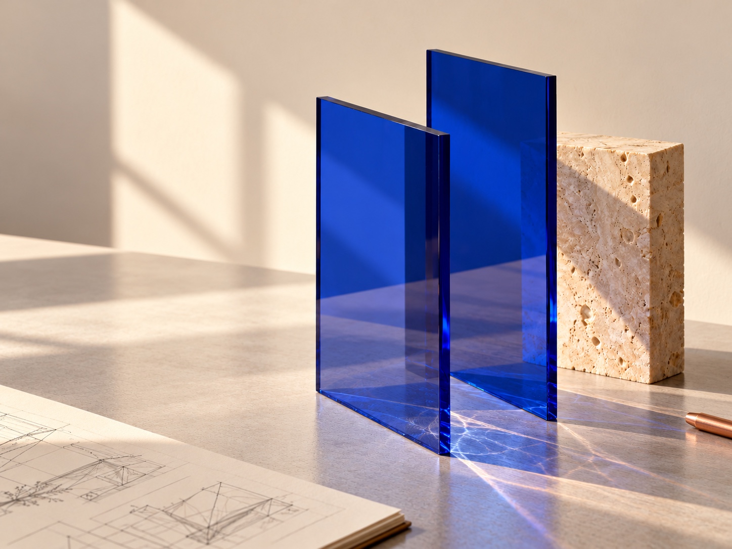 Cobalt glass blocks assembled on a warm stone surface