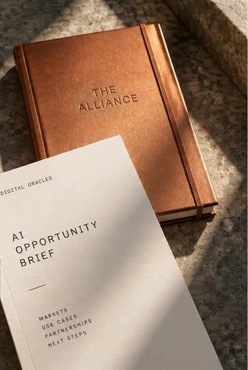 A copper notebook embossed 'The Alliance' and a Digital Oracles brief on stone
